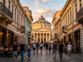 Altstadtgasse in Bukarest mit Blick auf das Rumänische Athenäum am Abend (KI generiertes Bild)