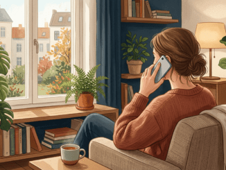 Frau telefoniert mit dem Smartphone auf dem Sofa am Fenster